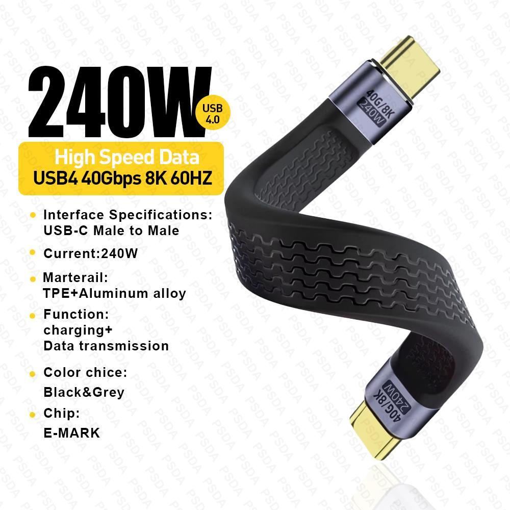 4.0 C Male To 90° Angle C Male Data Short Cable 240W USB Type C 4.0 PD Fast Charging Flat Flex Cable for Smartphone Power Bank
