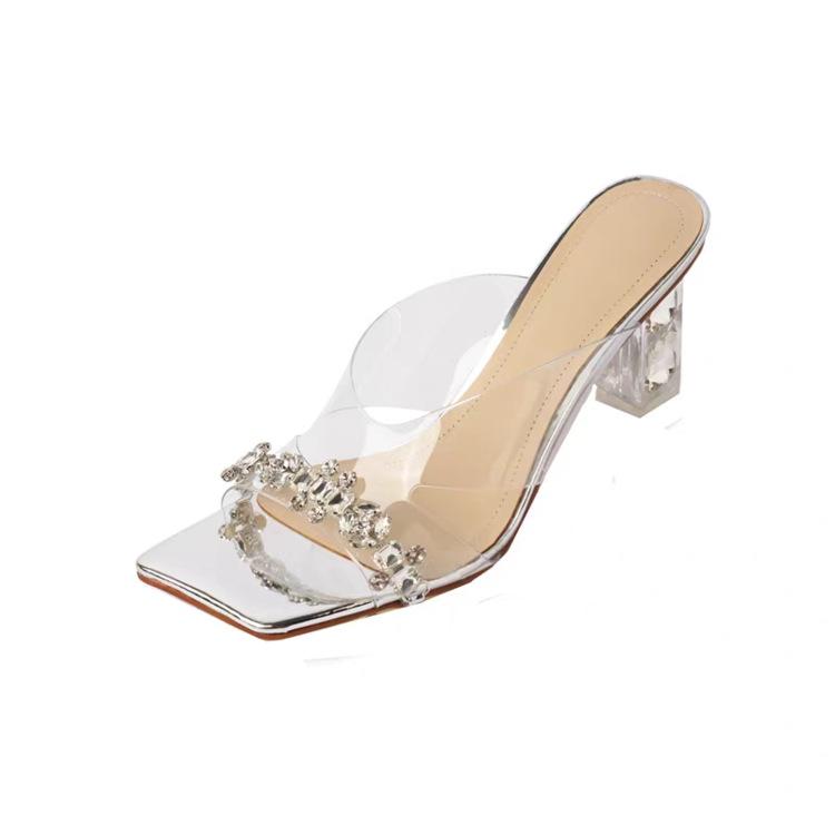 

Босоножки на толстом каблуке со стразами, новинка лета 2025 года, однотонные босоножки с прозрачными блестками и квадратным носком на высоком каблуке, женская обувь в стиле знаменитостей 37