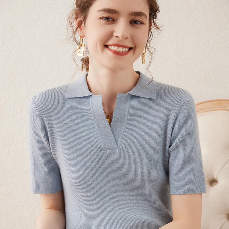 Women's Ultra-Fine Spun Cashmere Sweater: Soft, Sticky, POLO Collar, Short Slim-Fit Half Sleeves, Five-Point Style, Ideal Base Layer
