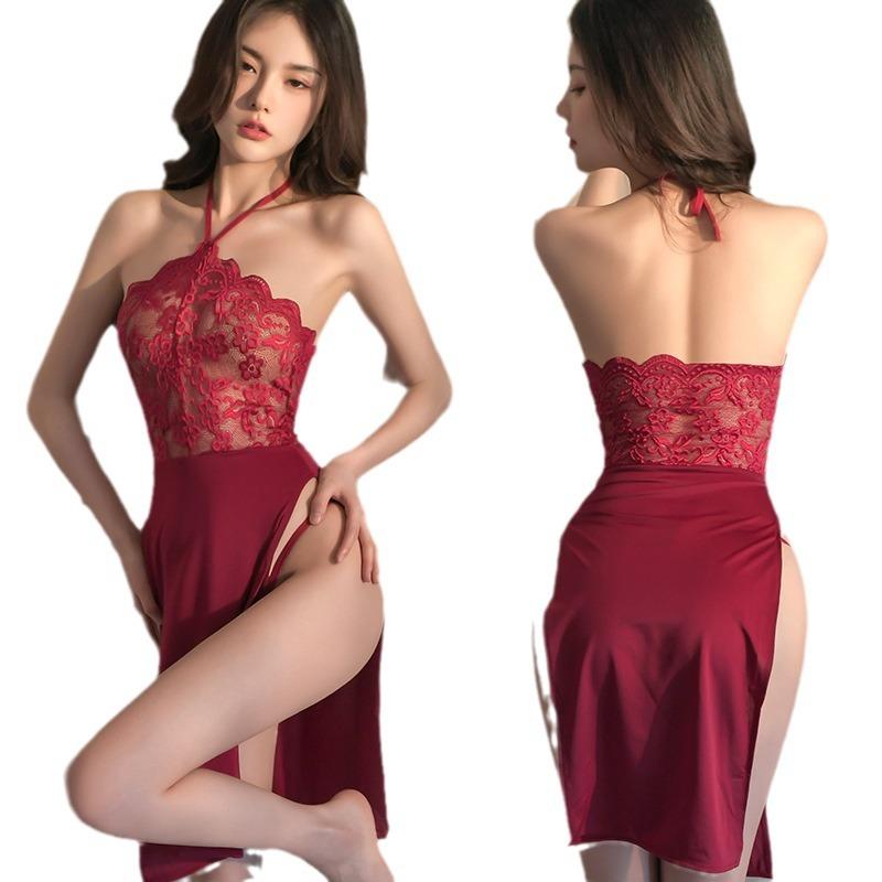 Sexy lingerie lace tube top perspective temptation sexy split-ended long dress lace-up uniform suit