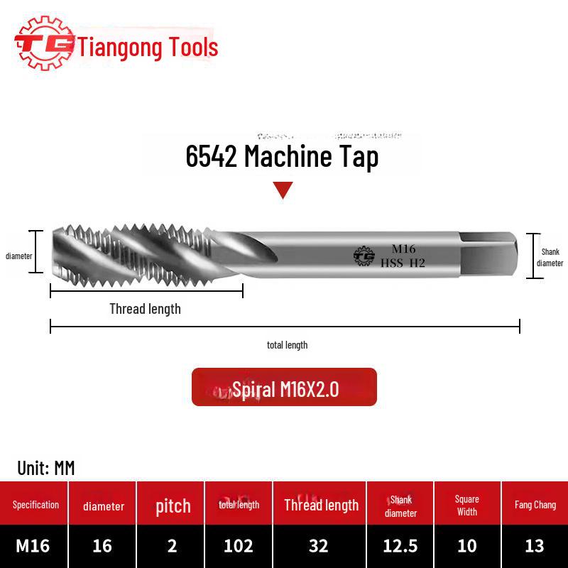 Tiangong Spiral Tap for Fine Thread Tapping (M2-M6) In Iron, Aluminum, Copper, Steel, and Stainless Steel.