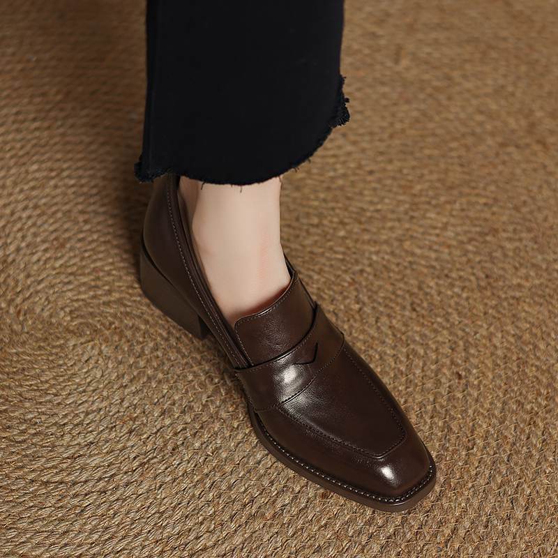 Krazing Pot Sheepskin Autumn Winter Shoes Slip on Med Heels Size 42 Square Toe Brown Color Pumps