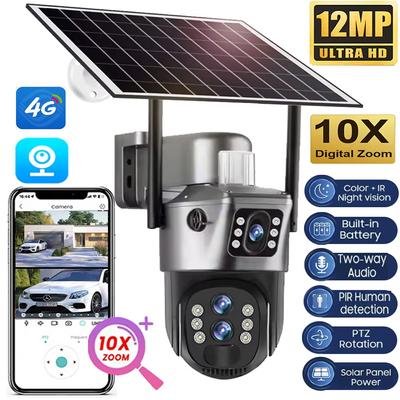 6K 12MP Solarkameras 4G Sim Outdoor Drei Objektive 10x Zoom Überwachung IP Wireless CCTV AI Tracking Camara 360 Sicherheitskamera V380