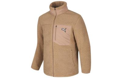 Puma Solid Sherpa Velvet Jackets Unisex Khaki Stand Collar Thickened And Fleece Lined 932667-02