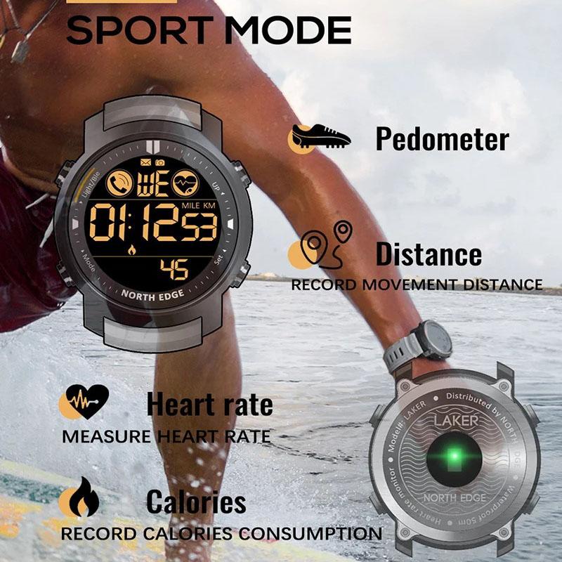 NORTH EDGE Men's Digital Watch Military Waterproof 50M Running Sports Pedometer Stopwatch Watch Heart Rate Wristband Android IOS