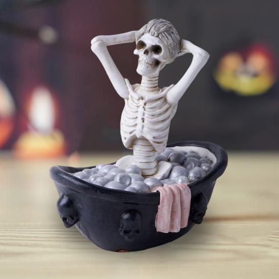 Halloween Skeleton Figurine Resin Bathing Skeleton Statue Desktop Skeleton Ornament for Bookshelves Tables Cabinets