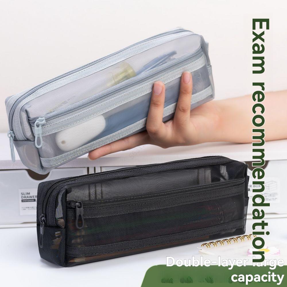 Double Layer Mesh Pen Bag Large Capacity Transparent Stationery Storage Bag Multifunctional Zipper Exam Supplies Organizer