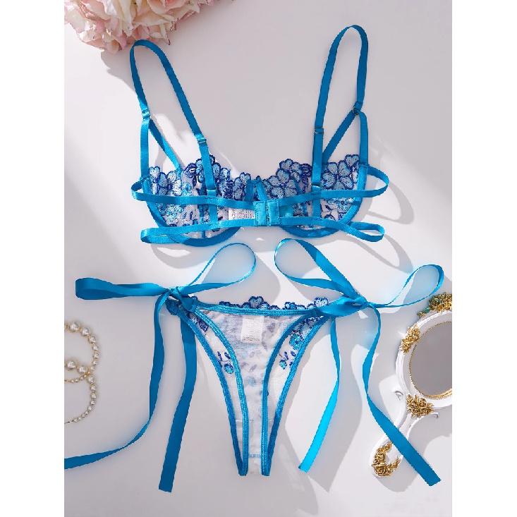 Toucheart 2 Piece Set Embroidery Lingerie Set Women Sheer Bra and Brief Underwear Set Satin Sexy Intimates See-Through Underwear