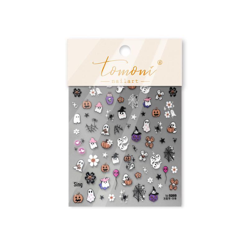 Tomoni Embossed Dark Style Nail Stickers - Pink Pumpkin Head & Halloween Ghost Designs.