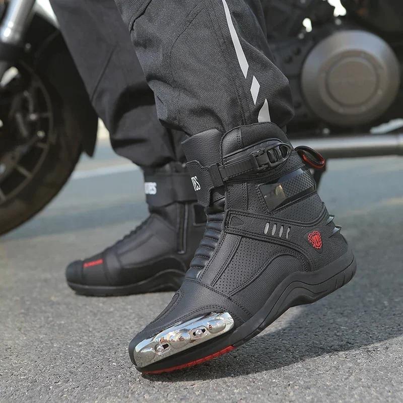 Pánské motocyklové boty, prodyšné, proti pádu, silniční závodní boty, reflexní motocyklové boty s gumovou podrážkou, řadicí páka
