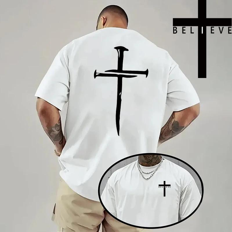 Christ Print Tshirt Men High Quality Pure Color Short Sleeve Top Spring Summer Daily Casual Fashion Jesus Cross Cotton Tees