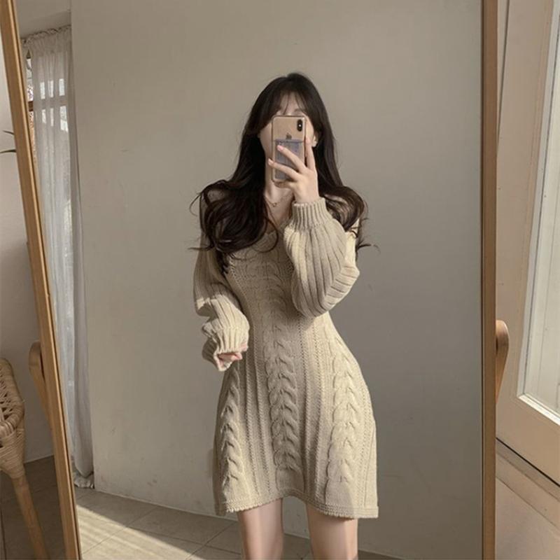 spring autumn casual slim mini dress fashion Long Sleeve elasticity sweater Dresses V-neck solid a-line knitted dress for women