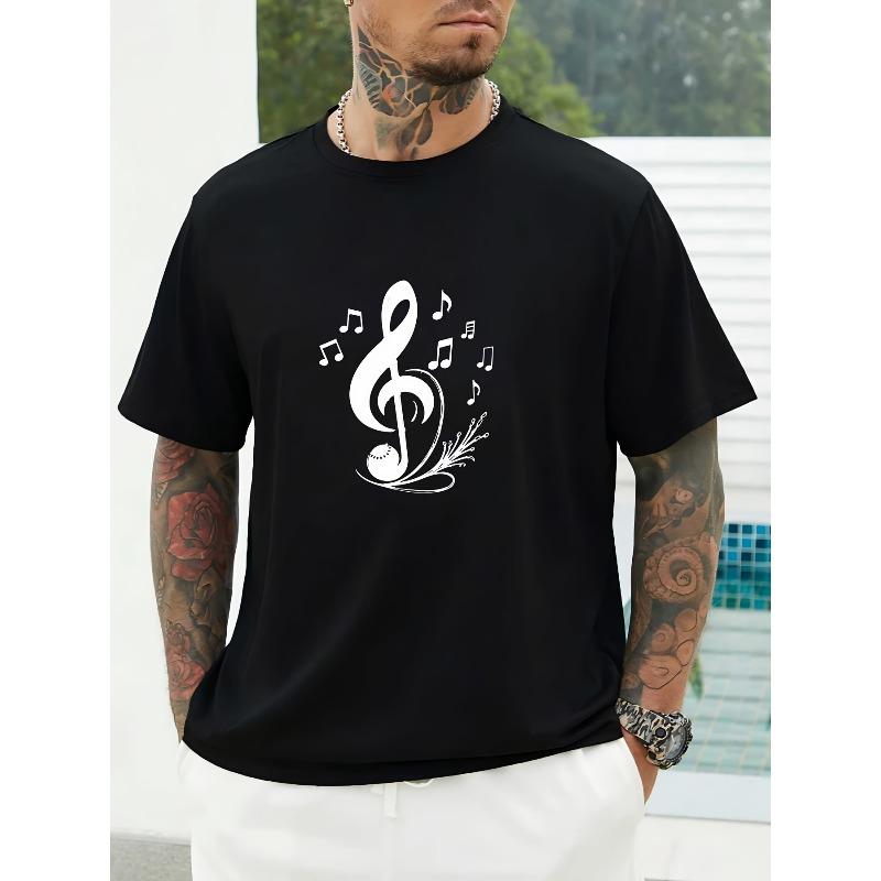

European sizes Music Clef Melody Notes Graphic Tee for Men Short Sleeve Festival Gift Idea Trendy Summer T-Shirt Comfortable Teamwear Cotton Top 4XL чорний