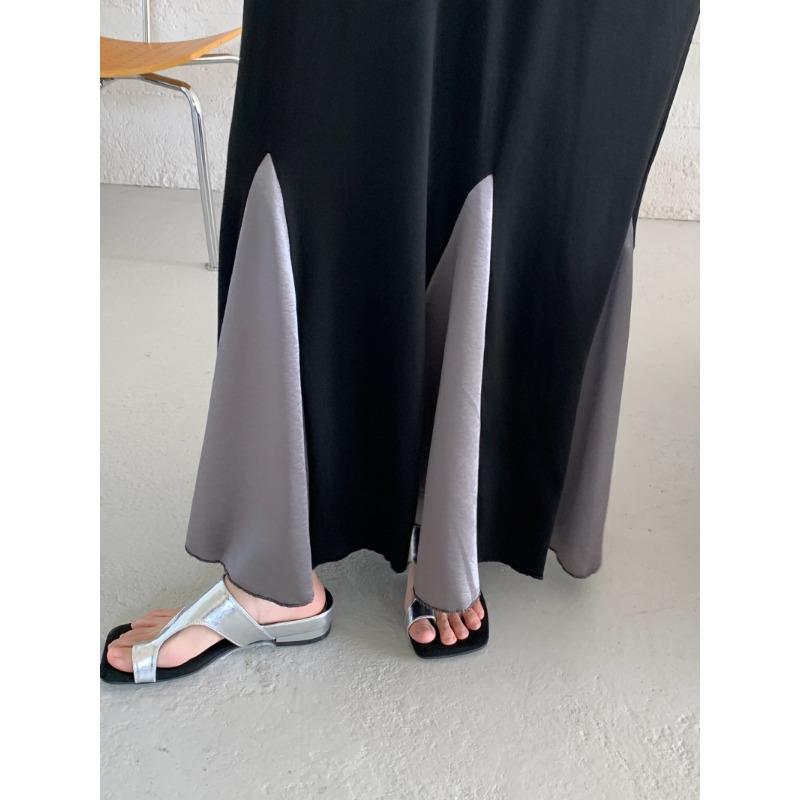 DIMANAF 2025 Plus Size Dress Women Summer Spliced Vintage Dress Basic Printing Long Loose Casual Black Dress