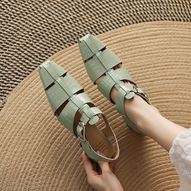 Fashion Women's Cow Leather Square Toe Hollow-out Ankle Strap Low-heel Sandals High Quality Soft Comfortable Elegant Ladies Daily Shoes