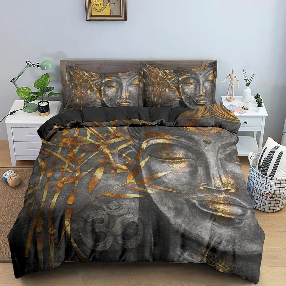 Buddha-Bettwäsche-Set, 3D-Bodhisattva-Bettbezug, klassische Bettdeckenbezüge mit Kissenbezug, Doppel-Queen-Size-Heimtextilien