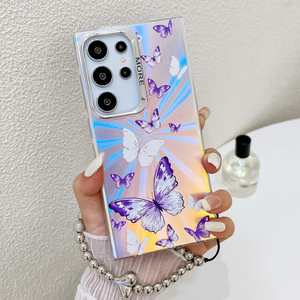 Suitable for Samsung S25 Ultra Electroplating Butterfly S24Plus Colorful Laser A56 Pearl Bracelet Mobile Case