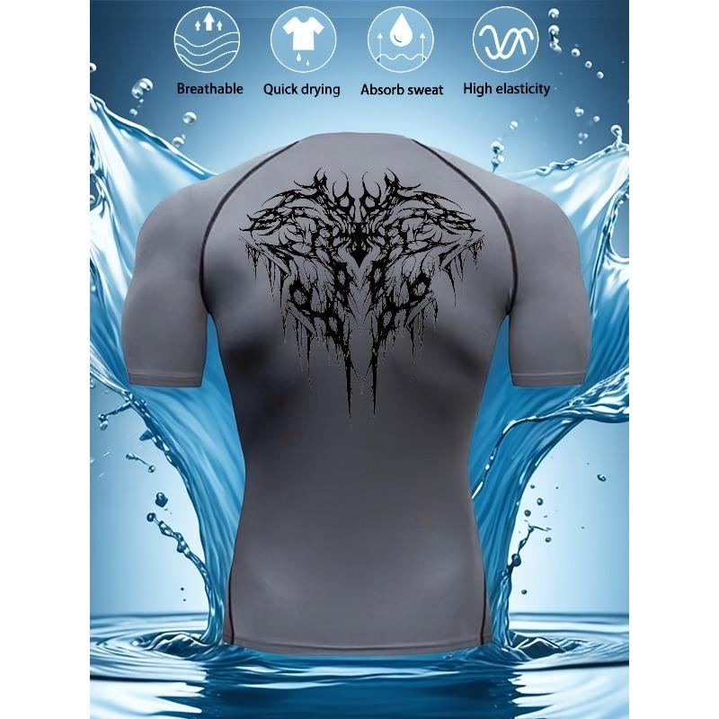 Men's Compression Shirt Quick Dry Gray Gym T-Shirt Black Tribal Wolf Back Print Workout Sportswear