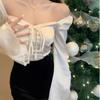 Square Neck Long-sleeved T-shirt Women Blouse Hotsweet Sexy Hottie Slim Lace Flare Sleeve Retro Court Style Office Lady Summer