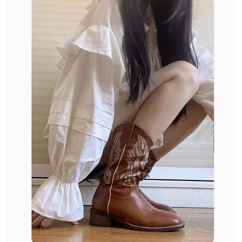 New Genuine Leather Western Cowboy Boots Embroidered Knight Boots Women's Square Toe Retro Thick Heel Midsole Boots Summer