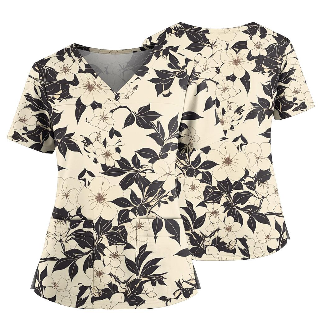 Women's Casual Printed V-Neck Pocket Side Slit Short Sleeved Top Short Sleeved Top