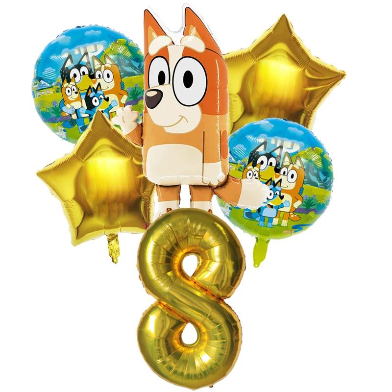 6 Stück Familie Bluey Aluminiumballon Cartoon Bingo Aktivität Spielzeug Blau Gold Stern Ballon Dekoration Sammlung Geburtsdatum Feier Babyparty Zubehör