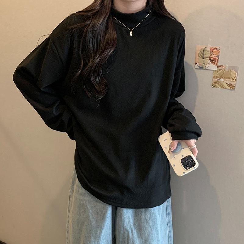 

Semi-turtleneck long-sleeved T-shirt for women s autumn and winter loose versatile velvet thickened inner German velvet bottoming shirt XL чёрный
