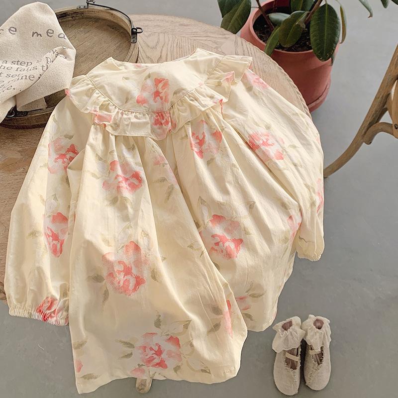 Sweet Girls Spring Dress With Ruffles Floral Print Soft Children Skirt