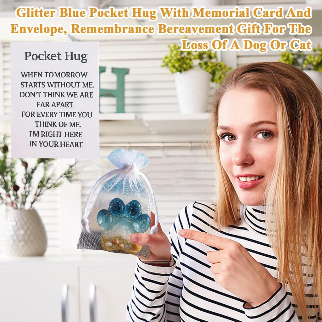 Pocket Hug For Pet Loss, Glitter Blue Pocket Hug With Memorial Card And Envelope, Remembrance Bereavement Gift For The Loss Of A Dog Or Cat