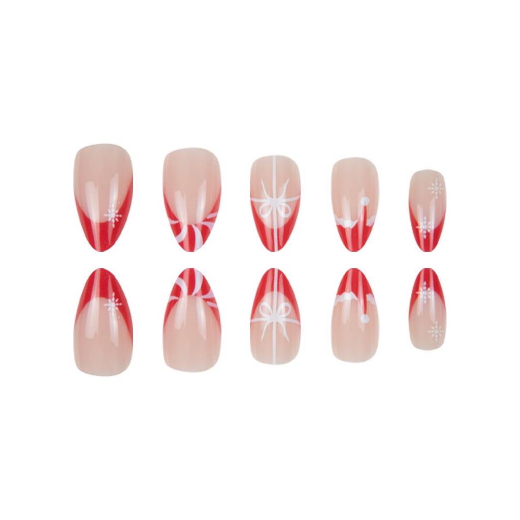 Christmas Almond Shape Wearable Nails Set: 30 Pieces with Red Bow, French Red, and White Stripes Design