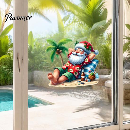 Outdoor Balcony Glass Stickers Tropical Beach Santa Claus Static Window Sticker, Waterproof PVC Decal, Seaside Sunproof Holiday Clings for Door