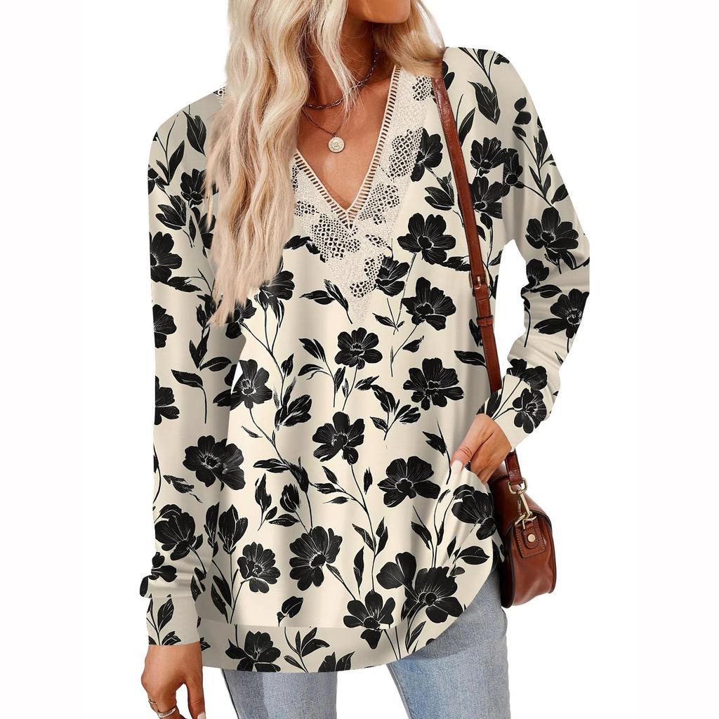 Womens Tops Loose V-neck Contrast Color Split Loose Long Sleeve T-shirt Women's Tops