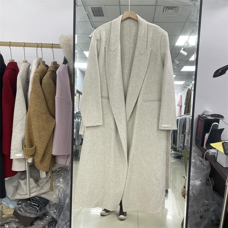 

Женское двустороннее шерстяное пальто на осень и зиму, длинное шерстяное пальто ниже колена, премиальное на шнуровке S