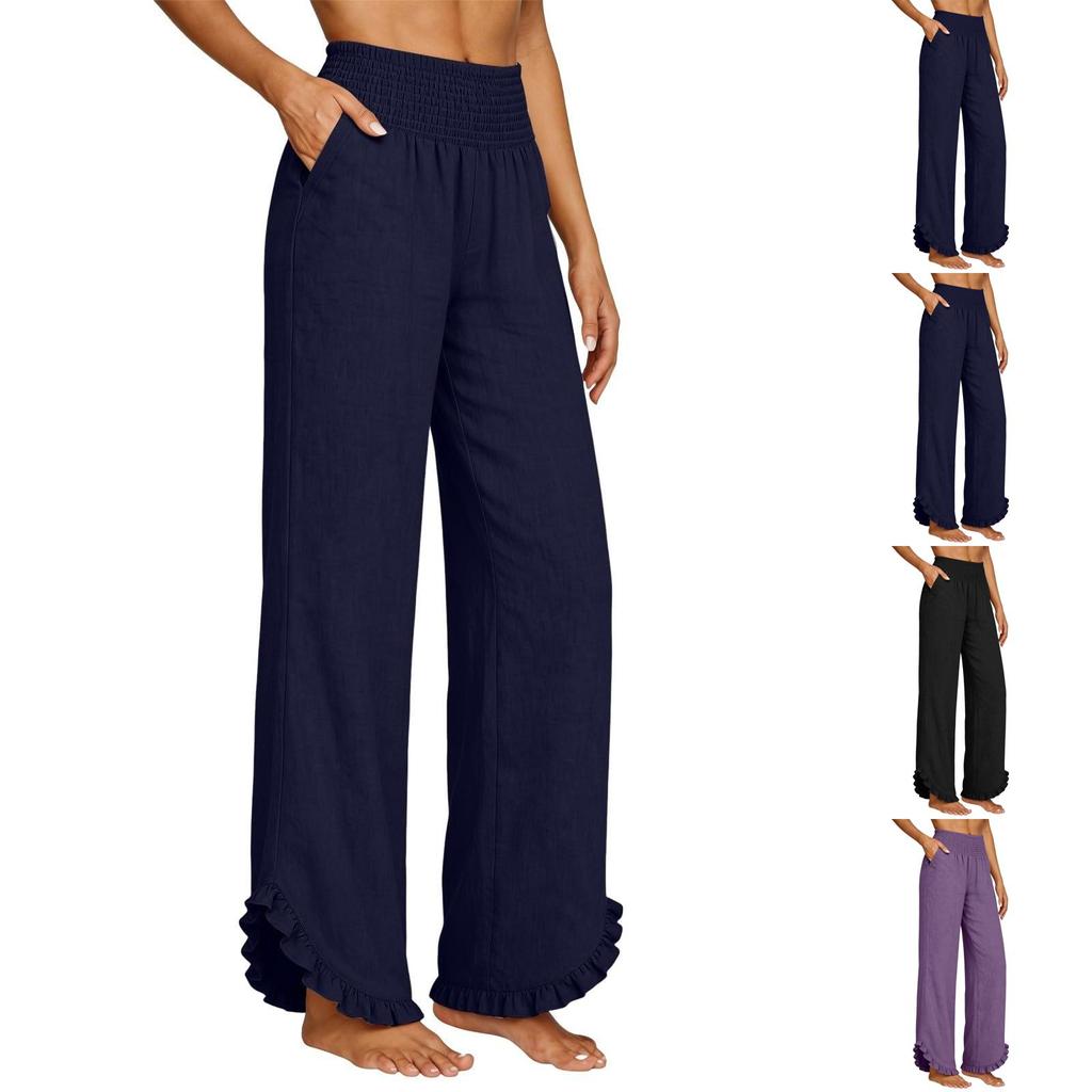 Damen Elastische Hose mit Hohem Bund Lässige Passform Weites Bein Lange Hose Hose mit Taschen