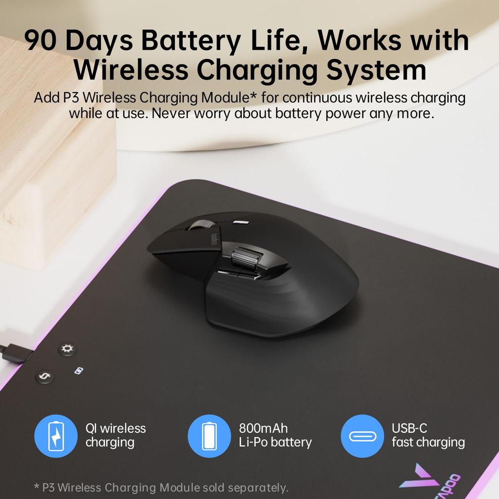 Rapoo MT760Mini Bezdrátová Bluetooth Horizontální 11 Programovatelných 5 Současných Zařízení 6 Kláves 2 Ergonomické DPI Kontinuální Matná Černá Mini Velikost Myš,