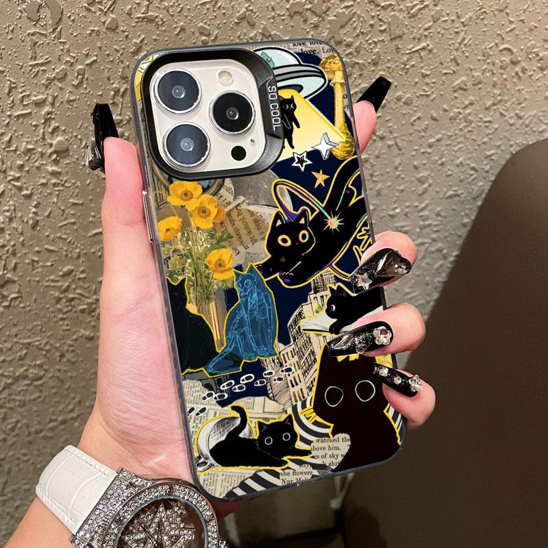 New Cute Black Cat Graphic Montage Laser Phone Case For iPhone 17 15 16 Pro Max Plus 14 13 12 Mini 11 Pro Max Shockproof Cover