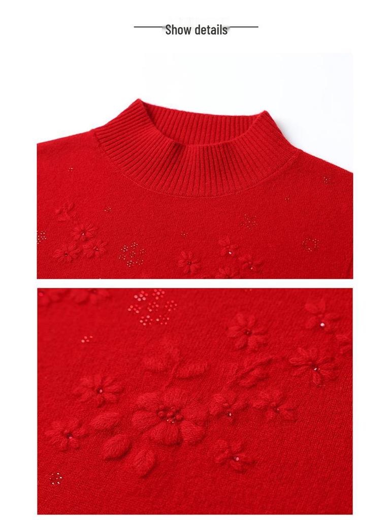 Red Embroidered Lambswool Sweater for Middle-Aged & Elderly Women: Half-High Collar, Thick Knit