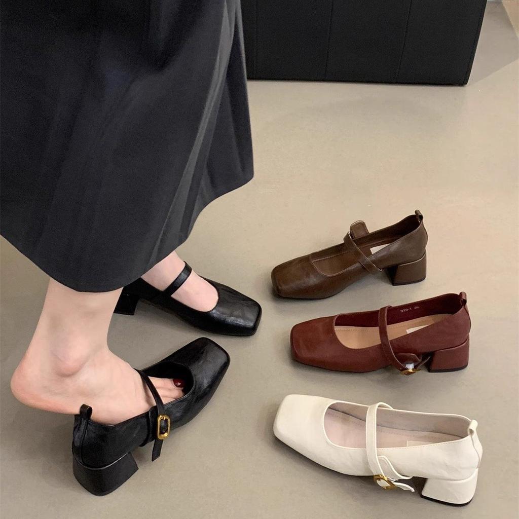 New rough mid-spring shallow mouth 2025 Mary Jane shoes women's skirt with shallow mouth single shoes French retro heel square head
