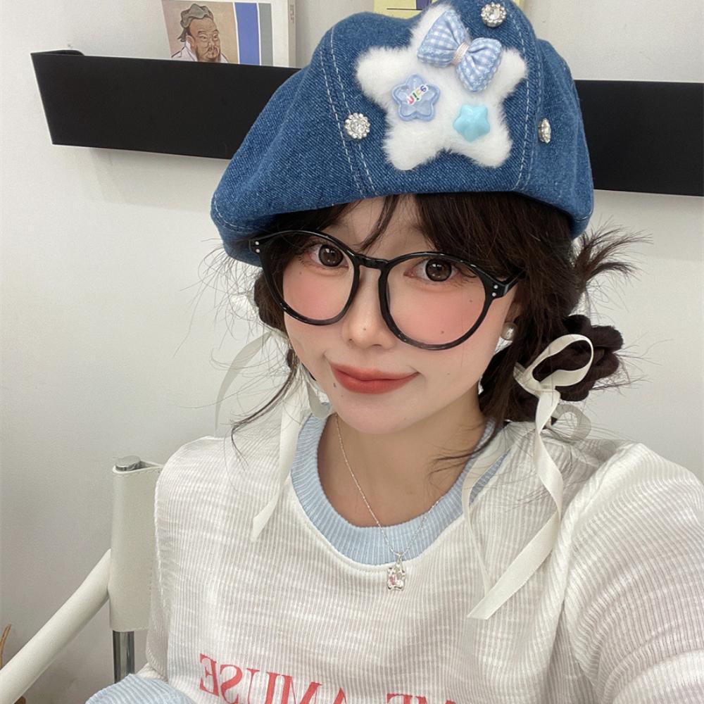 

Джинсовые береты с куполом, украшение в виде пентаграммы, плоские кепки, модная восьмиугольная кепка для девочек