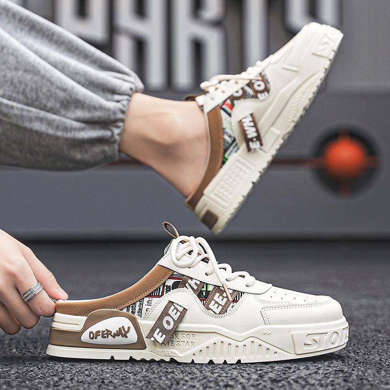 2025 Summer Platform Half Shoes For Men Mules Backless Loafers Slipper Man Slides Thick Bottom Mens Semi-Drag Casual Board Shoes