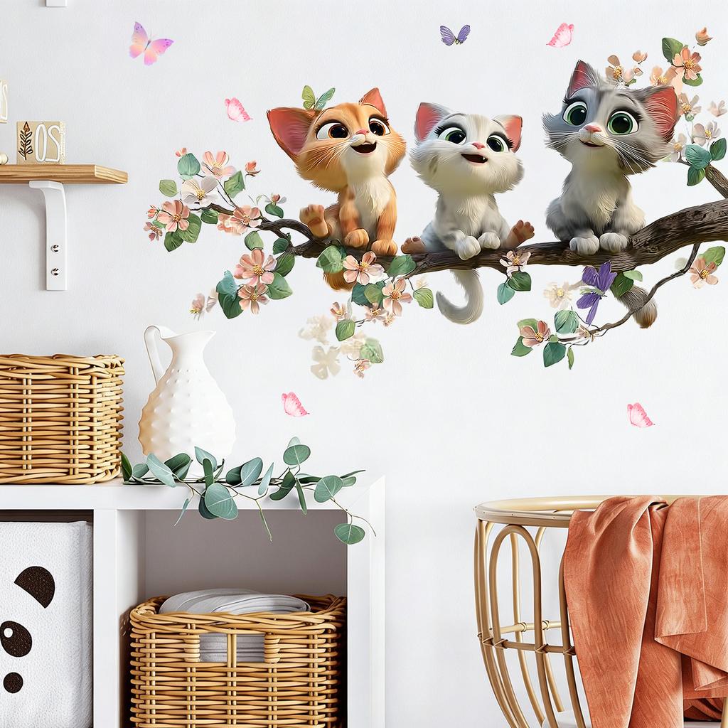 Cute Calico Cat with Flower Branches Wall Sticker Modern Minimalist Living Room Study Room Bedroom Self-Adhesive Removable Home Decor Art