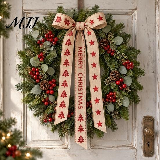 Decorative Ribbon for Holiday Wreaths Christmas Packaging Ribbon, Cotton And Faux Linen Fabric Roll Crafting Decor Gift Wrapping, Floral Arrangement