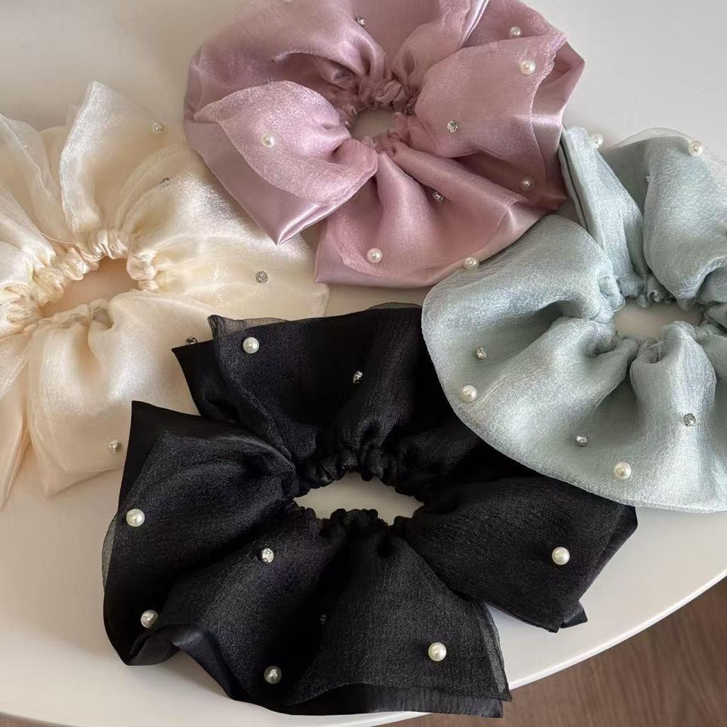 Elegant Double Layer Pearl Mesh Hair Tie - Retro Polka Dot Updo for Women