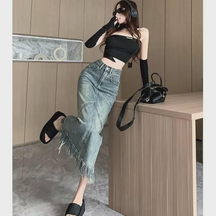 Fustă Midi din Denim Patchwork cu Ciucuri 2024 - Damă Talie Înaltă Vintage Slim Fit