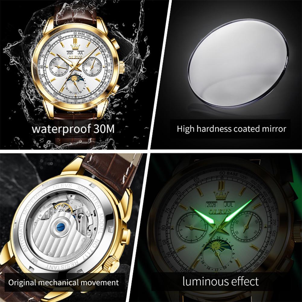 OLEVS 7117 New Automatic Man Watch Luxury Fashion Leather Strap Mechanical Watches for Men 24 Hour Moon Phase Calendar Men Watch