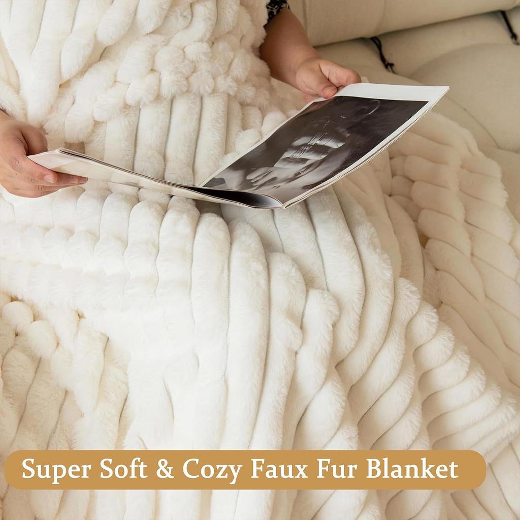 Ultra-Soft Faux Rabbit Fur Striped Throw Blanket - Double-Layered for Warmth, Ideal for Sofa or Bedroom.