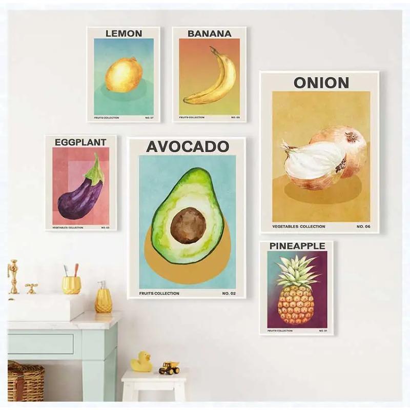 Affiche de Fruits et Légumes Tropicaux Style Midcentury Modern Avocat Banane Ail Oignon Art Mural Végétarien Décoration Murale Cuisine Maison