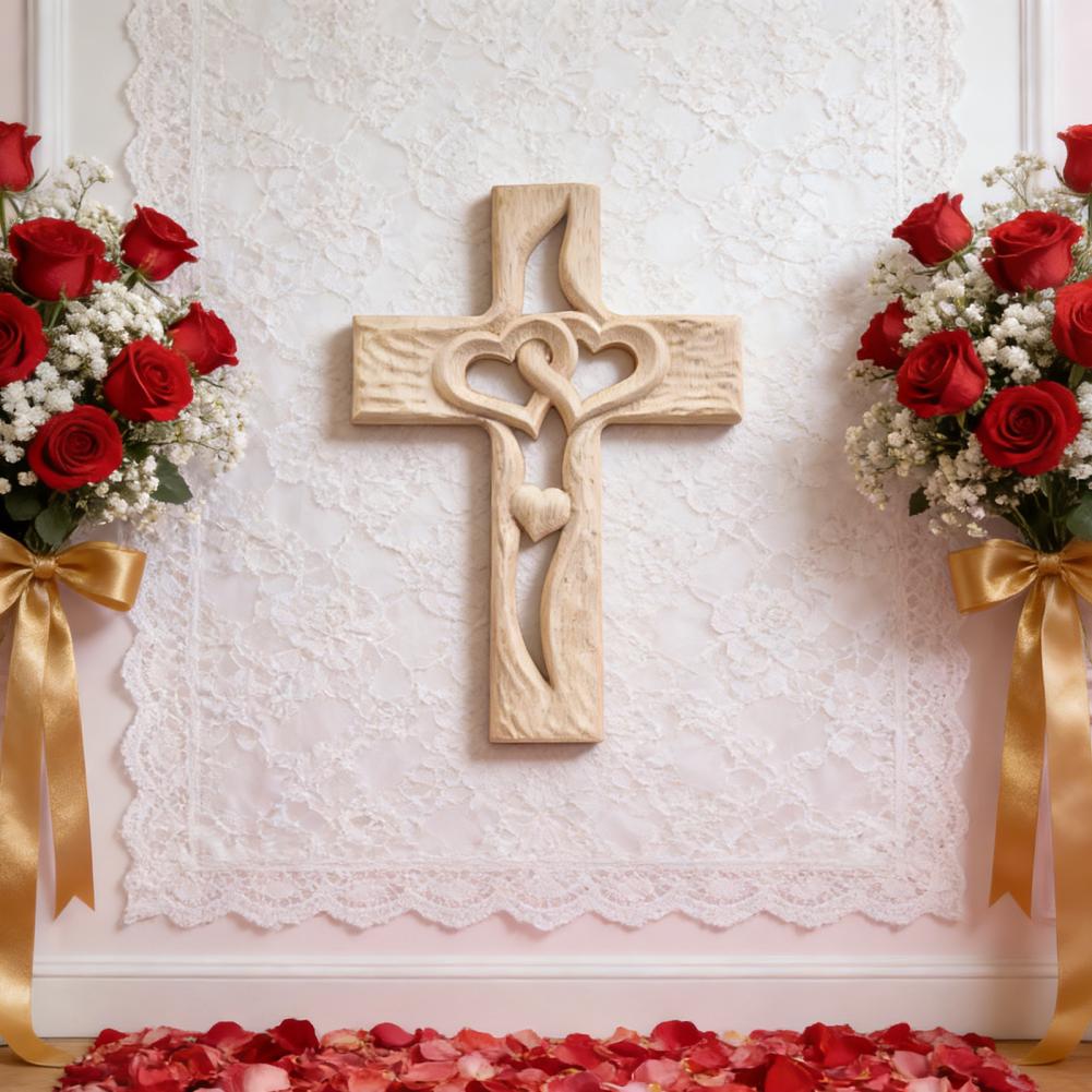 Intertwined Hearts Cross Wall Decoration Rustic Wall Hanging Decor Cross Rustic Wooden Intertwined Hearts Hand-carved Sculpture