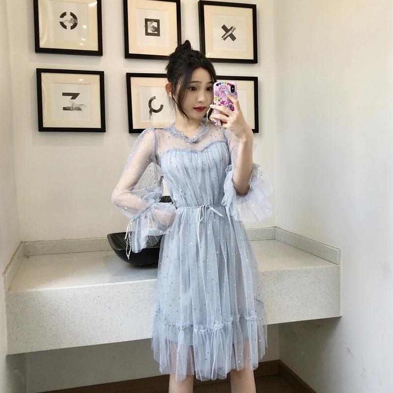 

2026 Spring/Summer Star Sequin Fairy Dress with Mesh Bell Sleeves and High Waist Lace-up Design XL (60-68kg) светло-синий