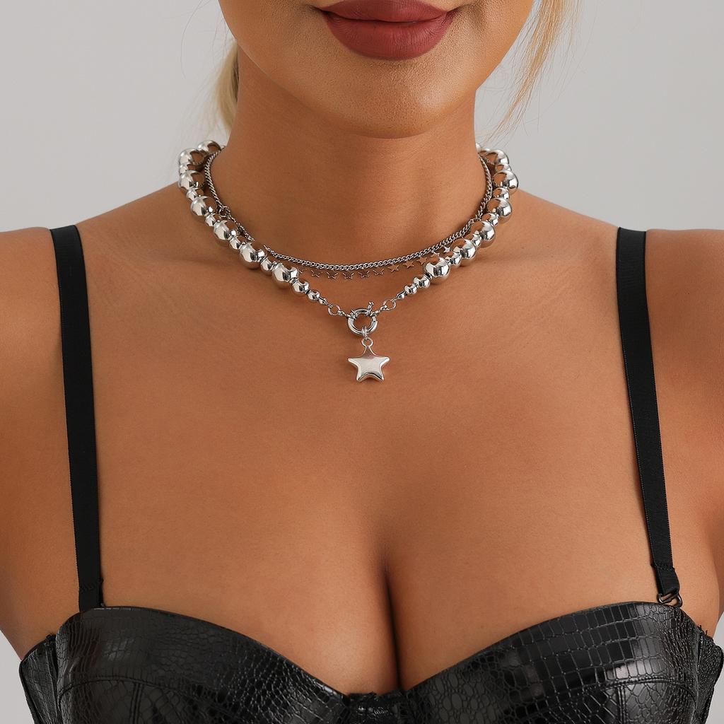 Jewelry Metal Texture Pentagram Pendant Removable Clavicle Chain Necklace Bracelet Set Female